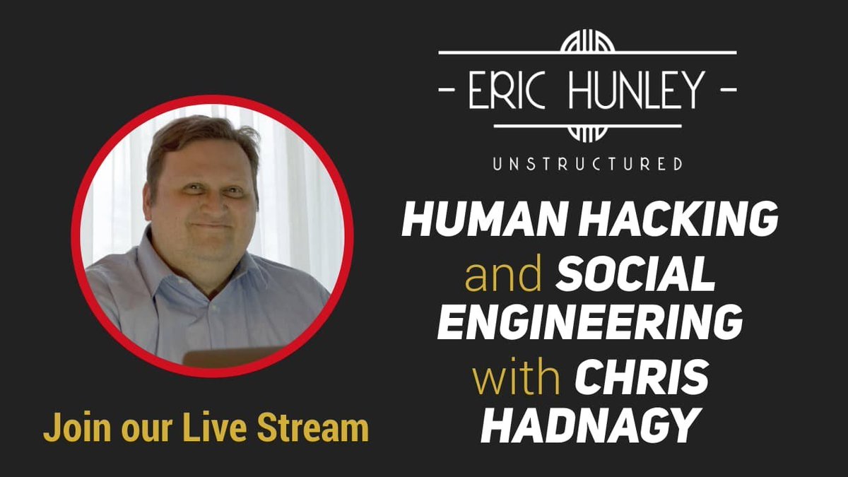 hunleyeric's tweet image. Human Hacking and Social Engineering with Chris Hadnagy youtube.com/watch?v=ZsuLzf… Via @unstructuredp it's time to #Discover #EricHunleyLive this is #EricHunleyUnstructured. Exploring human behavior and its consequences...
