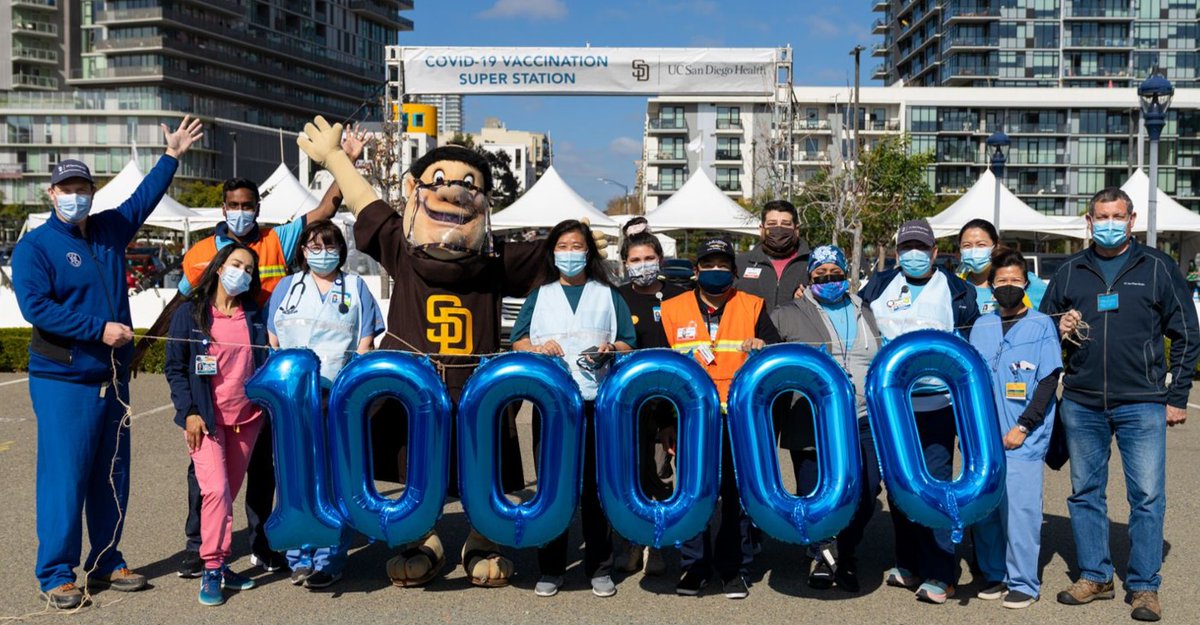 Great to celebrate the 100k vaccine milestone <a href="/PetcoPark/">Petco Park</a> today - thank you to all of our <a href="/UCSDHealth/">UC San Diego Health</a> team members, to our partners <a href="/Padres/">San Diego Padres</a> <a href="/SanDiegoCounty/">SanDiegoCounty</a> <a href="/CityofSanDiego/">City of San Diego</a>, and to all of our volunteers!