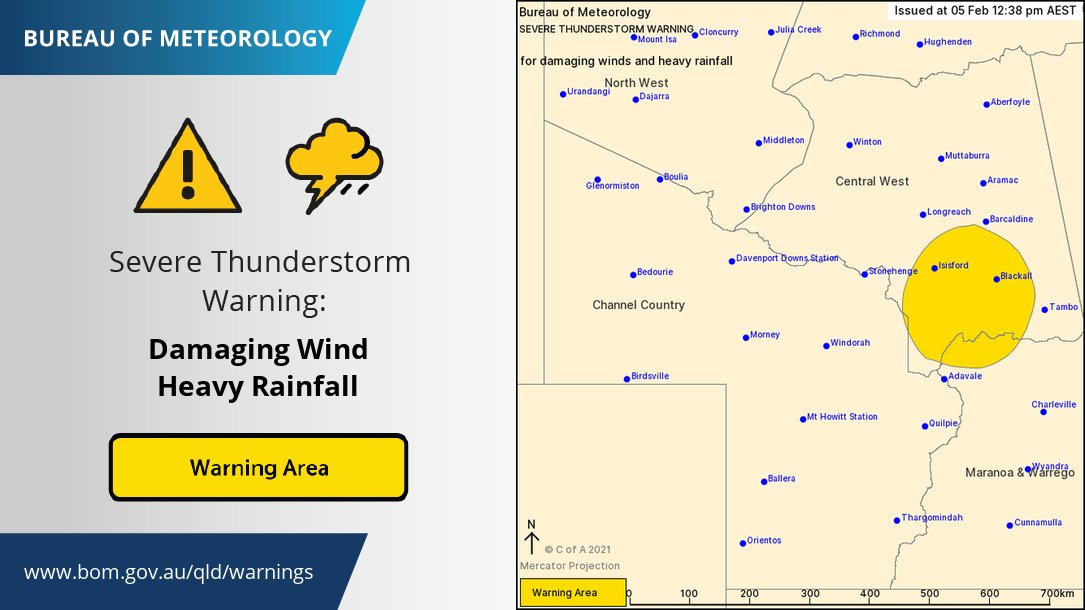 ⚠️Severe thunderstorm warning for #WesternQld⚠️
A severe storm has been detected northeast of Adavale, and severe storm activity in the area over the next several hours may produce damaging winds and heavy rainfall. Warning details &amp; updates: ow.ly/9Xqq50DrU9Y #QldWeather