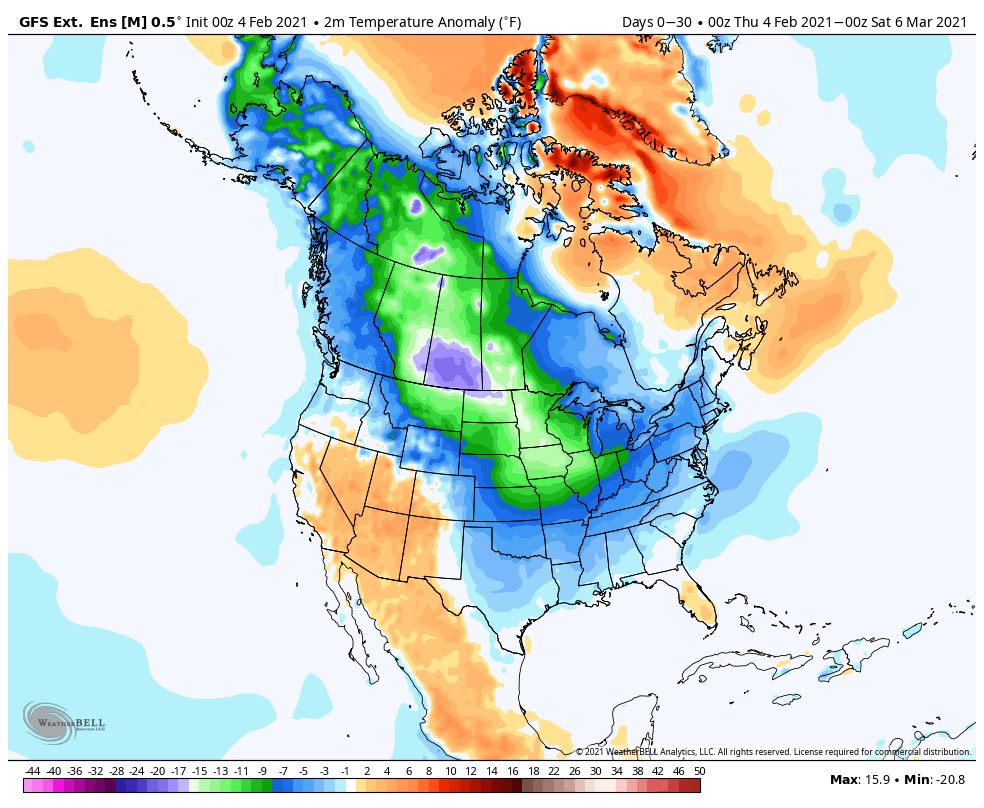 With plenty of cold air available and a -NAO continuing for at least a couple of weeks, the US will lean cold thru February and it will seep into the eastern/southern US. It will remain an active pattern. The extended EPS and GEFS forecasts through Feb speak for themselves. 5/5