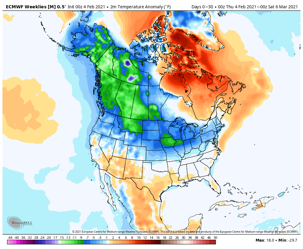 With plenty of cold air available and a -NAO continuing for at least a couple of weeks, the US will lean cold thru February and it will seep into the eastern/southern US. It will remain an active pattern. The extended EPS and GEFS forecasts through Feb speak for themselves. 5/5