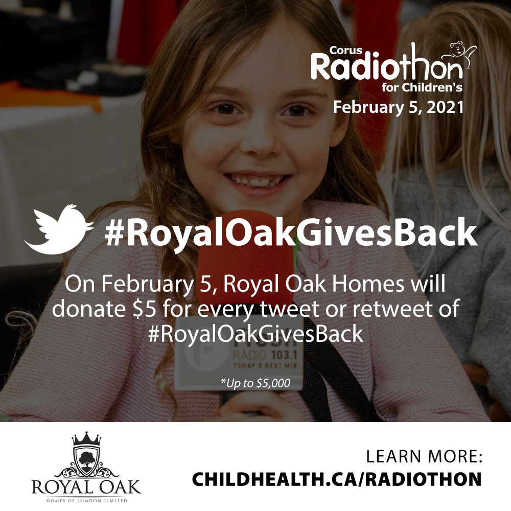 AM980News's tweet photo. TODAY is our annual Corus Radiothon for Children's! 💙

@royaloakhomesoflondon is donating $5 for EVERY tweet or retweet! #RoyalOakGivesBack!

Please tweet or donate today 👇

📞 Call 1-844-550-5437 (KIDS)
📱 Text "CHILD" to 41010 for $10 or $25
🖥️ Visit https://t.co/OrXwQvXjqR https://t.co/frxtGF2VpD