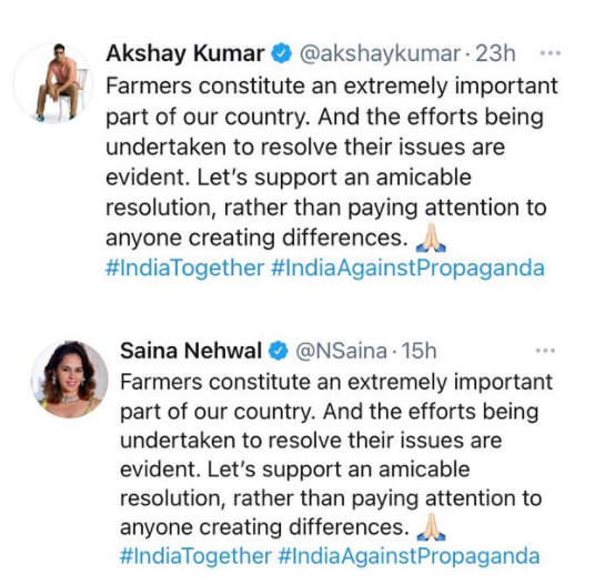 WeNeverForget84's tweet photo. Spot the difference @akshaykumar @NSaina 
Shame on you both and Bollywood too except for some actors who have the backbone and courage to speak against the farm laws.
@irajinderdhiman #FarmersAreIndia https://t.co/gsOlvy2U23