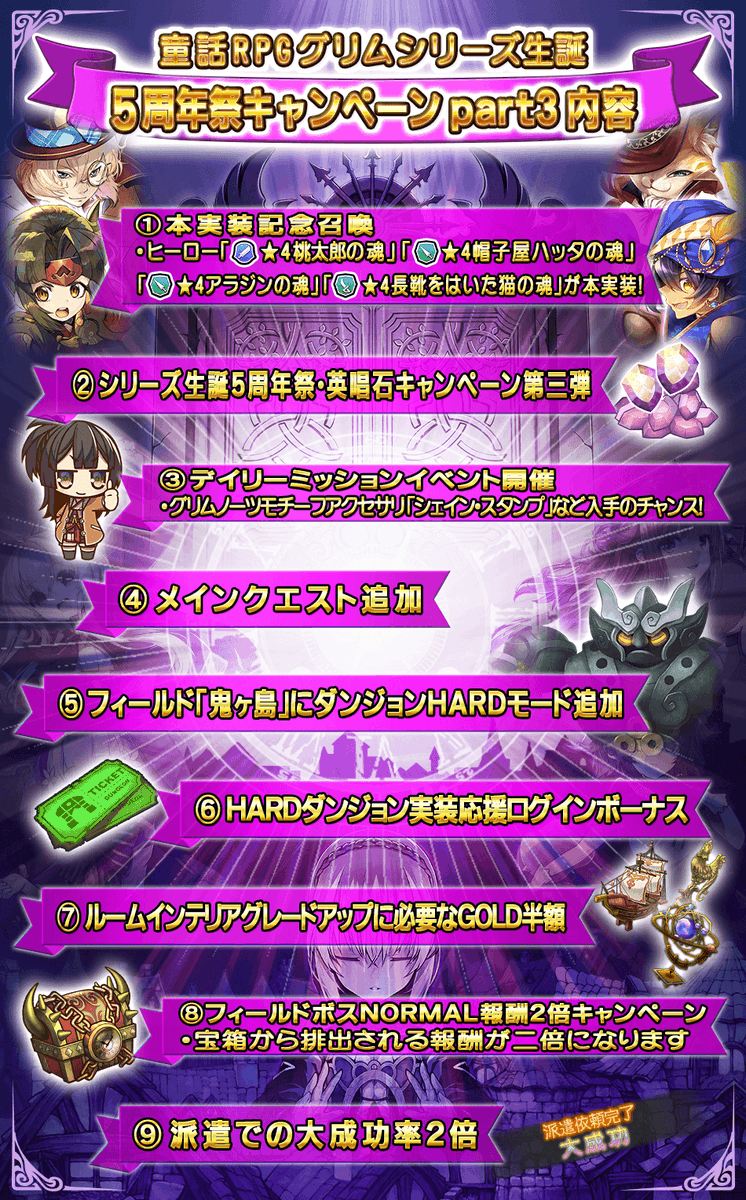 グリムエコーズ公式 予告 2 8 月 メンテ後より 童話rpgグリムシリーズ生誕5周年祭part3がスタート 他にも以下キャンペーンを開催 ルームインテリアグレードアップに必要なgold半額 フィールドボスnormal報酬2倍キャンペーン 派遣依頼での大