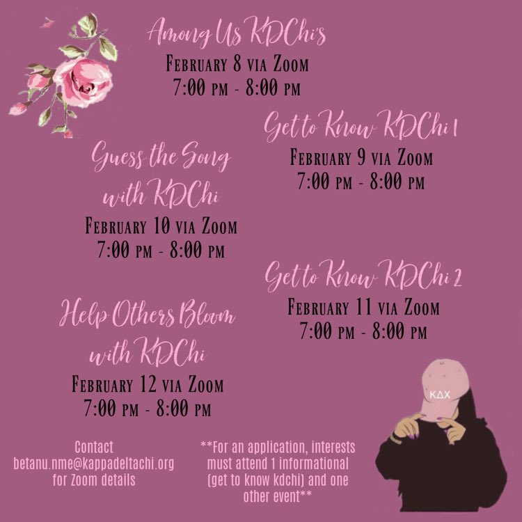 You know what time it is? 🤔
RUSH time! 🤗💜 
Come BLOOM with KDChi! 
We can’t wait to see you at our events! 😊