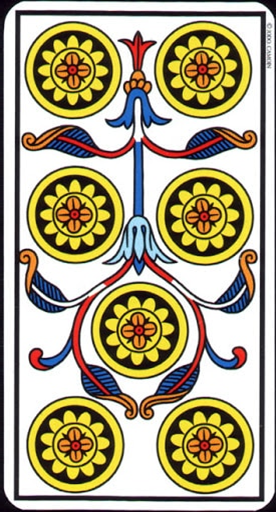 7 de deniers/ 7 of PentaclesThe first card speaks of individuality and embracing yourself beyond conformity (see the 1 coin wrapped around the flowers?) while the second speaks of patience and waiting.