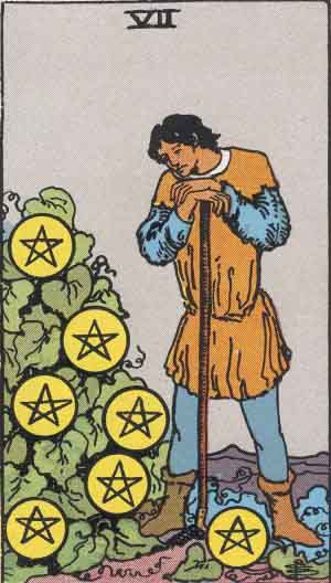 7 de deniers/ 7 of PentaclesThe first card speaks of individuality and embracing yourself beyond conformity (see the 1 coin wrapped around the flowers?) while the second speaks of patience and waiting.