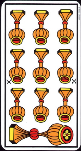 10 de coupe / 10 of CupsWith 1 cup hovering over the rest, the first card speaks of leadership and taking hold of a group. The second card also speaks of a group, except there is no one leader holding the community together.