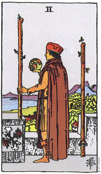 2 de baton / 2 of WandsThe first card is all about decisions and paths, more like a crossroad. The second card is about planning and deciding where to go, which is why the 2 of Wands has always been about choices.