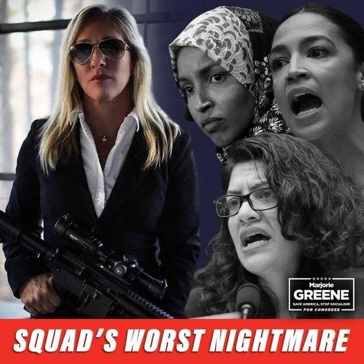 Here’s a photo Marjorie Taylor Green posted of herself holding an AR-15 while saying she wants to go on the "offense" against women in Congress known as the Squad.I repeat, she’s holding a gun and the caption reads “SQUAD’S WORST NIGHTMARE”