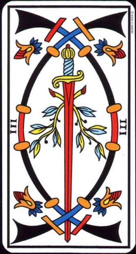 3 d'épée / 3 of SwordsThe first card speaks of easy victories and breaking through challenges, intellectual desire. While the second speaks of pure, unadulterated heart ache.