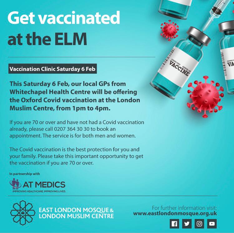 Our neighbours at <a href="/elondonmosque/">East London Mosque & London Muslim Centre</a> are offering vaccinations tomorrow! Please share.