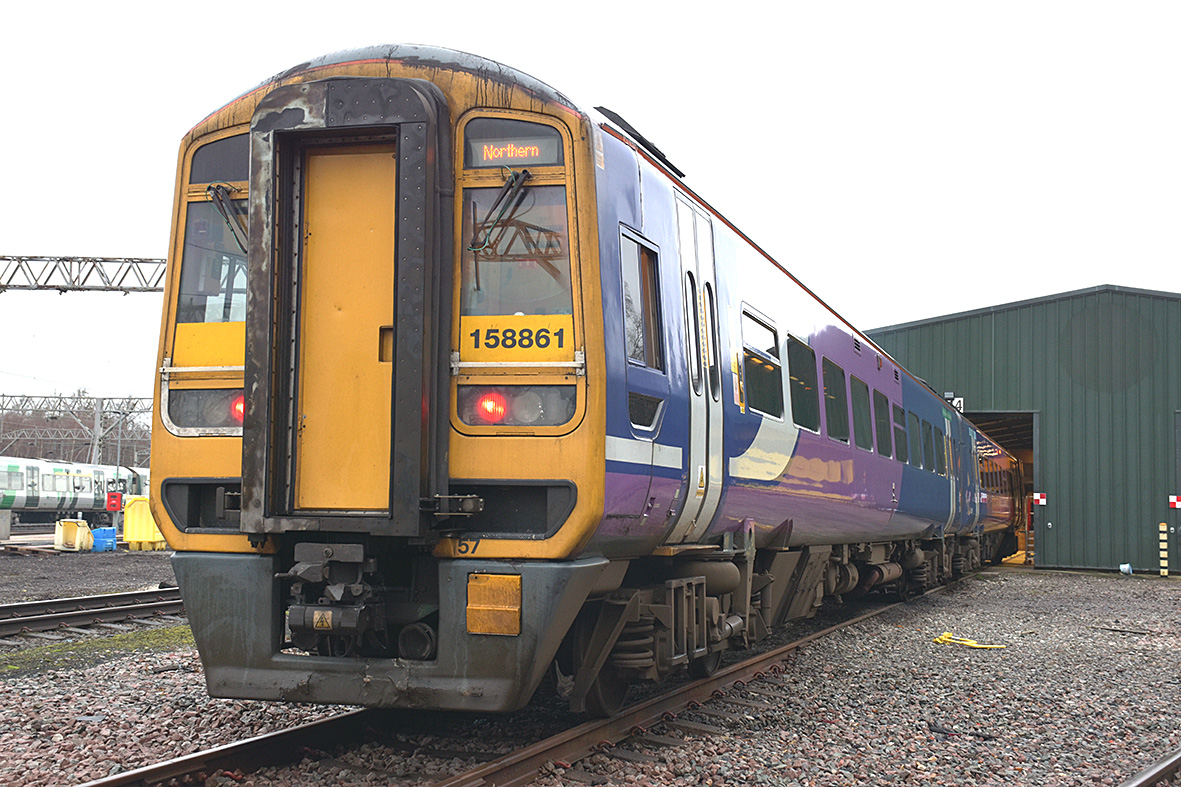 northernassist's tweet photo. Last week, our final purple train headed off the network to be refurbished 👋. 
This train will have:
🔵⚪️ Complete respray to Northern blue &amp; white
🔧 Maintenance
🖌 Interiors stripped back and repainted 
🧵 New carpets
💺 New seats
Watch this space for updates on the refurb 👀 https://t.co/7tU6KOrYXa