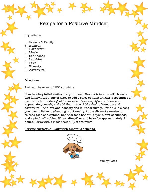 We have been thinking about our mental health.
Bradley has shared his Recipe for a Positive Mindset.
We think everyone should bake some of this each day!