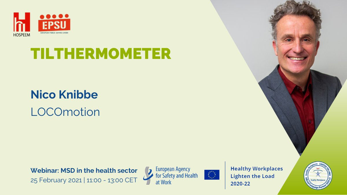 Hospeem's tweet photo. Speaker announcement: During the interactive break, Nico Knibbe will guide participants through the #TilThermometer tool, allowing them to assess physical overload of the nursing staff on a typical ward. #EUHealthyWorkplaces. Register now https://t.co/2nyV80W3j0 https://t.co/CzsyTS4ZJE