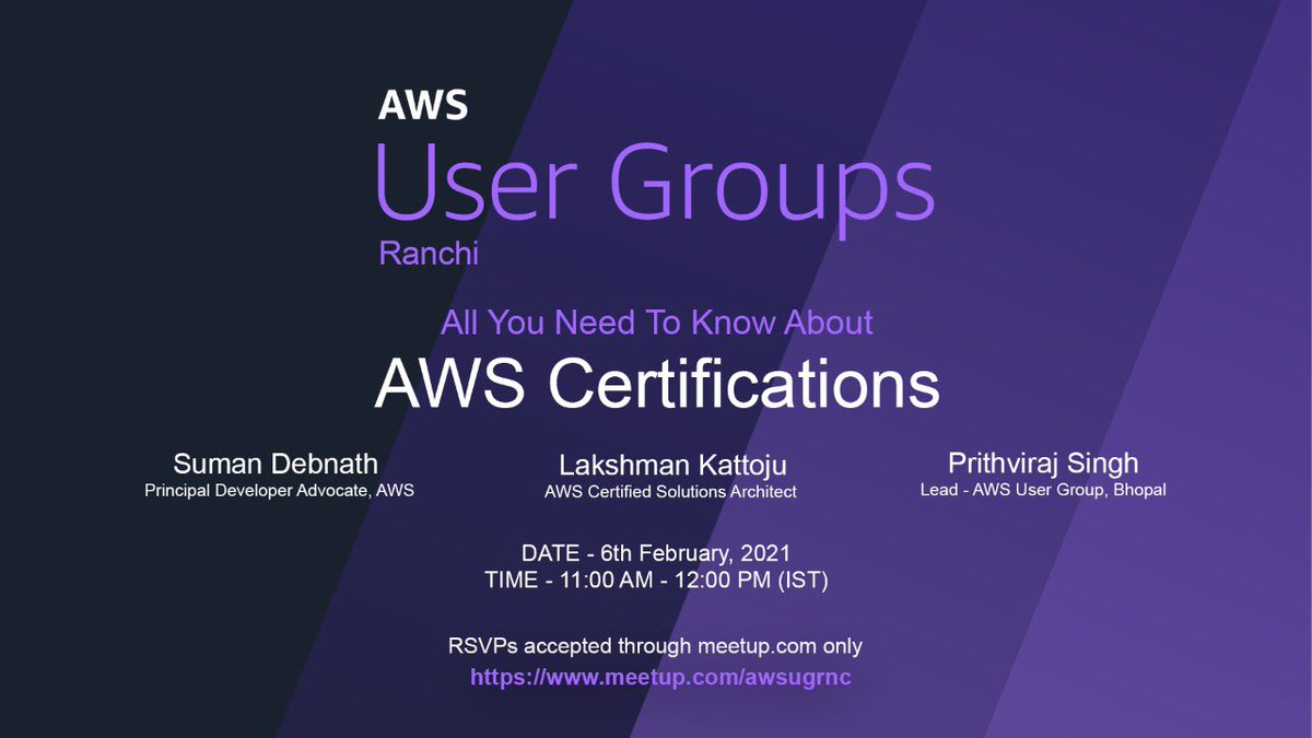 AWS User Group Ranchi (@awsugrnc) on Twitter photo Join us tomorrow at 11:00 AM for a discussion on AWS Certifications with <a href="/_sumand/">Suman Debnath 🐍 ☁️</a>, <a href="/lakshmanmanu1/">Lakshman Kattoju</a> & @imprithvi24 in conversation with <a href="/purrvesh/">Parth</a> & <a href="/greyhatlinux/">VG 🇮🇳</a> Join us tomorrow at 11:00 AM for a discussion on AWS Certifications with <a href="/_sumand/">Suman Debnath 🐍 ☁️</a>, <a href="/lakshmanmanu1/">Lakshman Kattoju</a> & @imprithvi24 in conversation with <a href="/purrvesh/">Parth</a> & <a href="/greyhatlinux/">VG 🇮🇳</a>