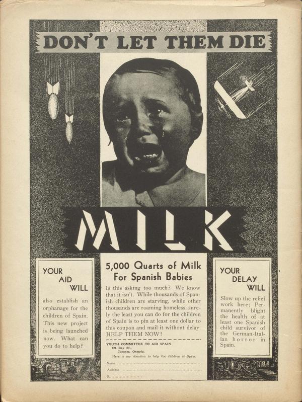 This is a lovely piece of ephemera from Canada. "5,000 quarts of milk for Spanish babies" - posted by the excellent <a href="/CanadaSCW/">Canada and the Spanish Civil War</a> who run spanishcivilwar.ca which has a really amazing series of around 20 podcasts on Canada and the Spanish Civil War