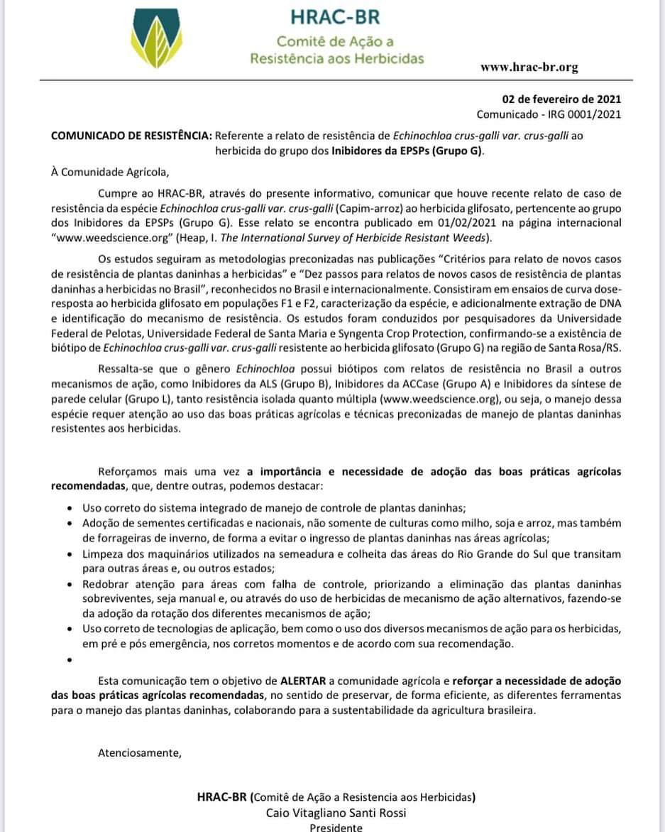 professorpaiola's tweet photo. ALERTA: Caso resistência de Echinochloa cruss-gali var. cruss -galli ao grupo dos inibidores da EPSPs (Grupo G). A adoção das boas práticas agrícolas e atenção ao manejo é de extrema  importância. #agro #hracbr #hrac #plantasdaninhas  #weedscience #sbcpd https://t.co/6NsGgH4ACM