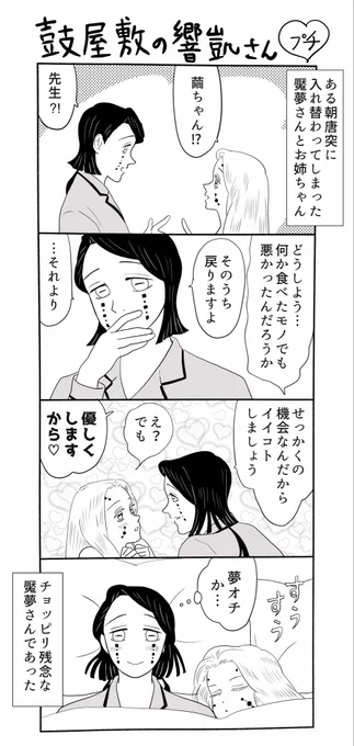 #鼓屋敷の響凱さん、プチ。某ドラマを観ていて「受け手としては好きだけど自分では書かない設定」の一つに「入れ替わり」があるな、と気付き、フト思い付いて描きました。成人カップル間の入れ替わりならなかなか楽しそう…勿論ずっと、は困りますが 