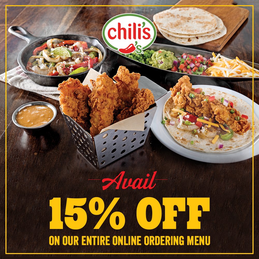 ChilisNEIndia's tweet photo. Order your favorites from Chili’s online and enjoy a flat 15% off on the entire menu, all day everyday. Start ordering now - https://t.co/MkhSfTorbQ https://t.co/dPjKCmu4DZ
