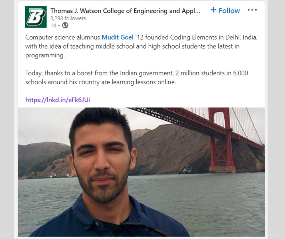CodingElements's tweet image. Computer science alumnus Mudit Goel ’12 founded Coding Elements in Delhi, India, with the idea of teaching middle school and high school students the latest in programming.
bit.ly/3oOknPZ
#codingelements #coding #programming