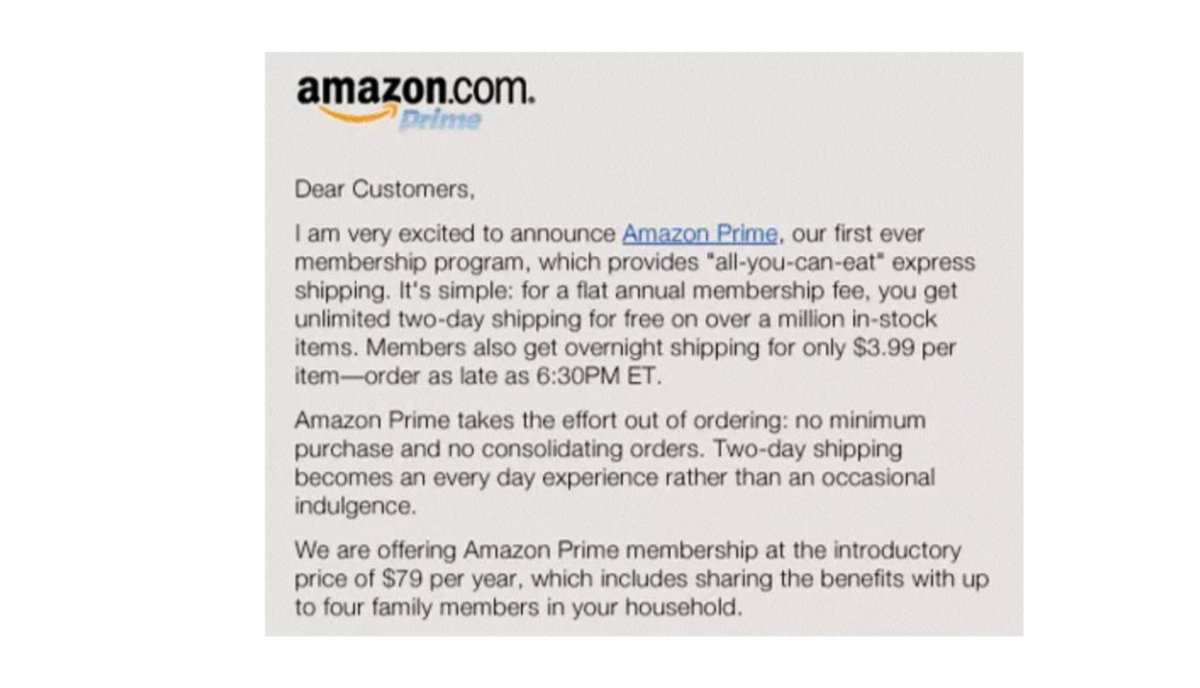 11/ With 100hr work weeks across the team, the deadline was met. In February 2005, Amazon Prime launched with this email.It offered unlimited 2-day shipping on millions of items for $79/year (compared to a 2-day shipping cost of ~$10 for a book, it was a no brainer).