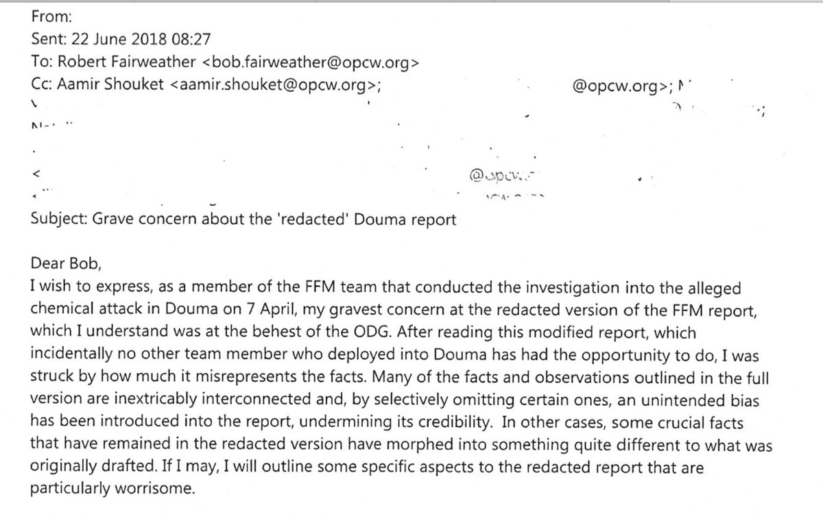 2) That the controversy started when the original interim report, drafted and agreed by Douma inspection team members, was secretly modified by an unknown OPCW person who had manipulated the findings to suggest an attack had occurred.  https://wikileaks.org/opcw-douma/document/Internal-OPCW-E-Mail/Internal-OPCW-E-Mail.pdf  @RobertF40396660