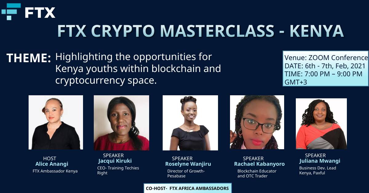 DavGit's tweet photo. Happening Tomorrow!
Come learn how to trade crypto on @FTX_Official - the world's most liquid crypto exchange in the world with this team of Kenyan crypto experts!
Its an all-women panel too!
See details here: https://t.co/c9FdJ2nh9v
#GirlPower
#BitcoinClassKE
#FTXClassKE https://t.co/pBLKpPAPA1