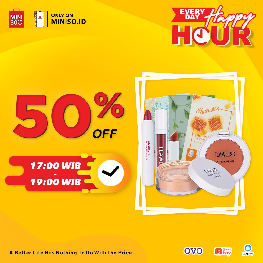 MinisoIndonesia's tweet photo. Already have https://t.co/qX6RnwkS2a app?
Let’s celebrate HAPPY HOUR with 50% off on our beauty product only at https://t.co/qX6RnwkS2a!
Tag your friends and let’s shop together 🥳
#Miniso #MinisoIndonesia #HappyHourMiniso #MINISOID #PromoMiniso https://t.co/sml7I9aWcU