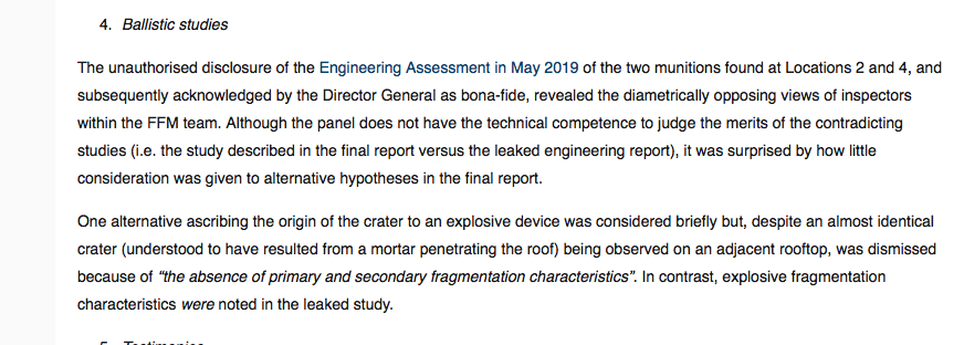 5) The  @couragefound panel learned that an engineering study, sidelined by OPCW management, indicated that the damage seen here on a chlorine cylinder and roof were not consistent with each other:
