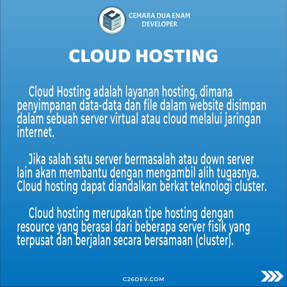 c26dev's tweet photo. Hosting menjadi salah satu hal penting untuk membuat website. Ternyata HOSTINGAN ada beberapa jenis loh. Apa saja sih jenis hosting? Yuk kita bahas satu-satu yah, kita mulai dari Cloud Hosting. Jangan lupa SWIPE LEFT #lifeofcemaraduaenam #C26dev #C26ITDeveloper #C26Developer #C26 https://t.co/1c1IzBmpIn