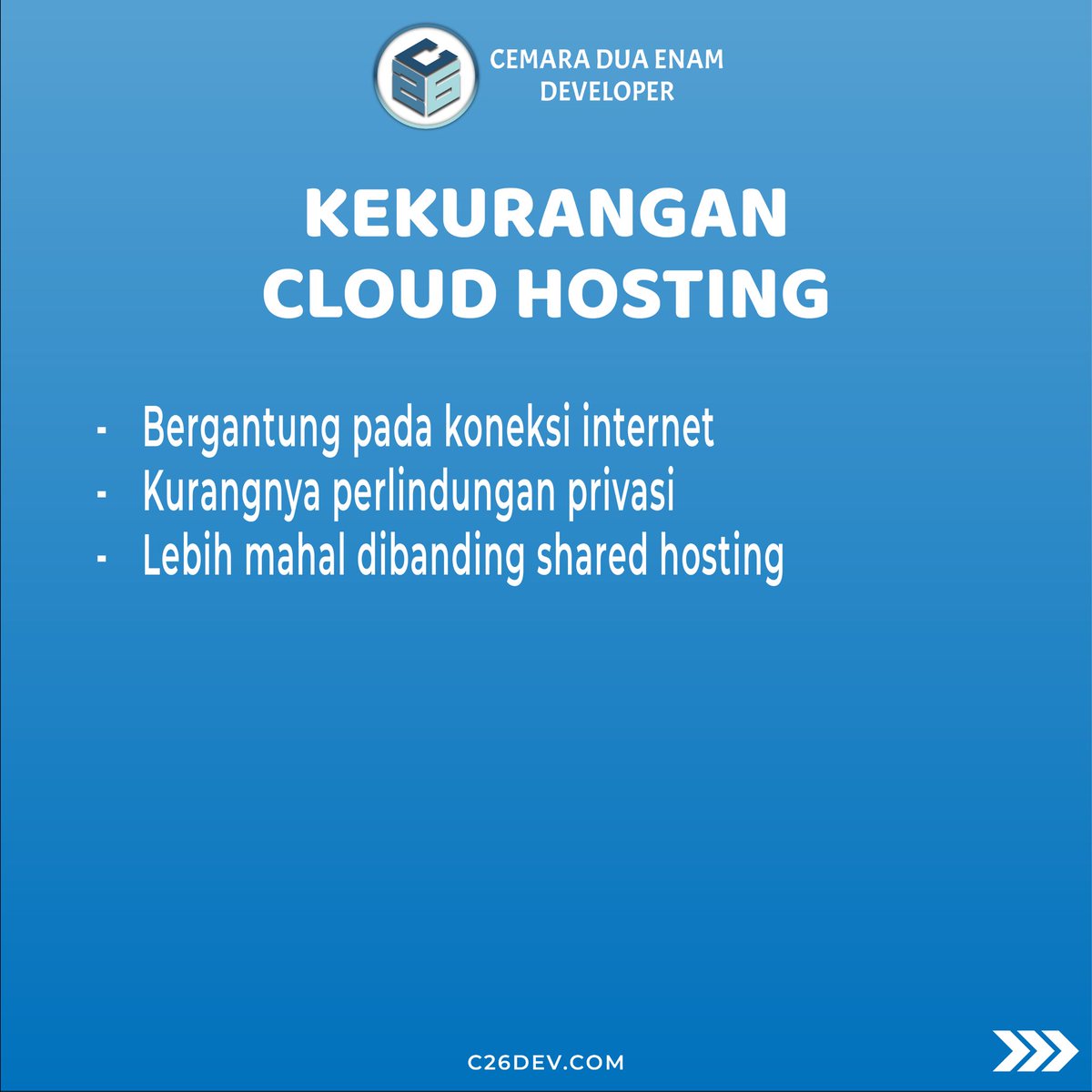 c26dev's tweet photo. Hosting menjadi salah satu hal penting untuk membuat website. Ternyata HOSTINGAN ada beberapa jenis loh. Apa saja sih jenis hosting? Yuk kita bahas satu-satu yah, kita mulai dari Cloud Hosting. Jangan lupa SWIPE LEFT #lifeofcemaraduaenam #C26dev #C26ITDeveloper #C26Developer #C26 https://t.co/1c1IzBmpIn