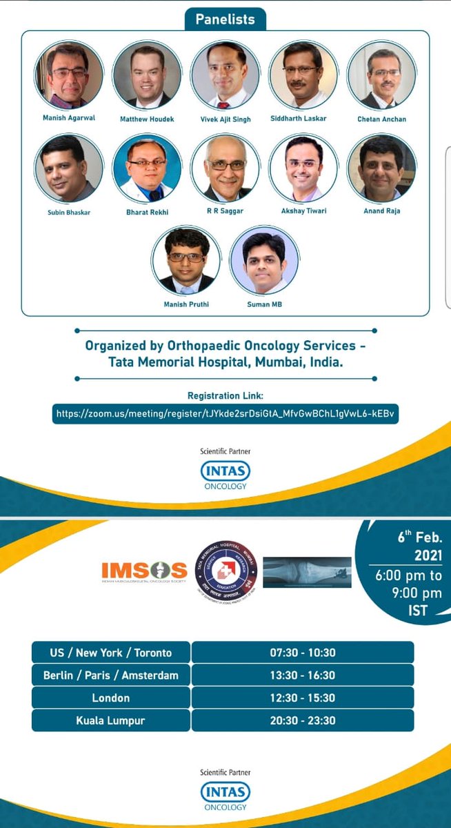 Dr. Ashish Gulia (@docgulia) on Twitter photo A niche webinar has been designed by <a href="/TataMemorial/">Tata Memorial Hospital</a> <a href="/imsosorg/">Imsos Org</a> & EMSOS to bring an interesting academic program which will be viewed globally. 'Denosumab - Solving an Enigma!' Feb 6th, 2021 at 06:00pm IST. Register zoom.us/.../tJYkde2srD…
<a href="/michielvds/">Michiel Van De Sande</a> <a href="/Toronto_Ortho/">Peter Ferguson</a> <a href="/ManuPalmerini/">Emanuela Palmerini</a> A niche webinar has been designed by <a href="/TataMemorial/">Tata Memorial Hospital</a> <a href="/imsosorg/">Imsos Org</a> & EMSOS to bring an interesting academic program which will be viewed globally. 'Denosumab - Solving an Enigma!' Feb 6th, 2021 at 06:00pm IST. Register zoom.us/.../tJYkde2srD…
<a href="/michielvds/">Michiel Van De Sande</a> <a href="/Toronto_Ortho/">Peter Ferguson</a> <a href="/ManuPalmerini/">Emanuela Palmerini</a>