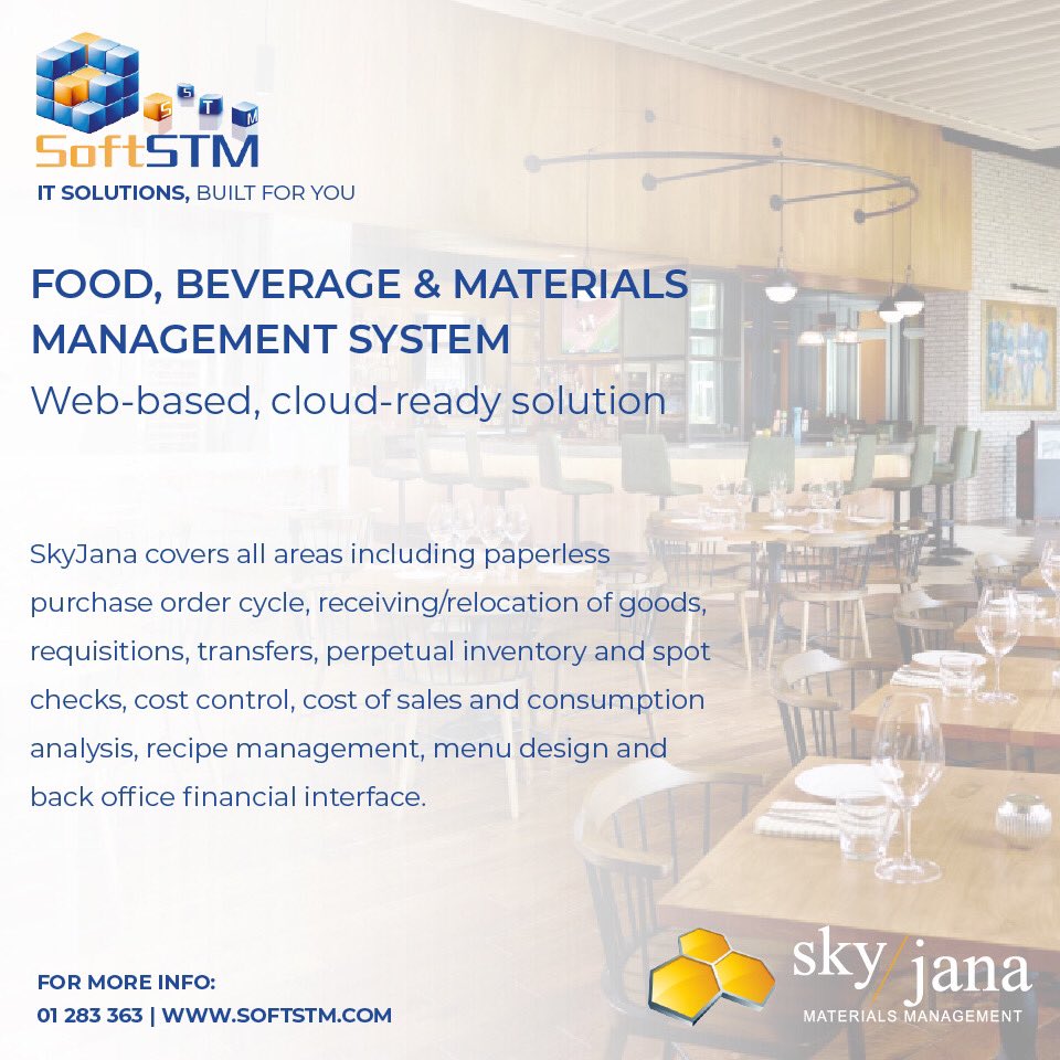 SOFTSTM's tweet image. SkyJana Materials Management system is a web-based #cloud-ready system that controls all aspects of food &amp;amp; beverage items, and materials movement.
📞01283363 for more info.
#softstm #software #ITsolutions #POS #hospitality #hotel #restaurant #fandb #foodandbeverage