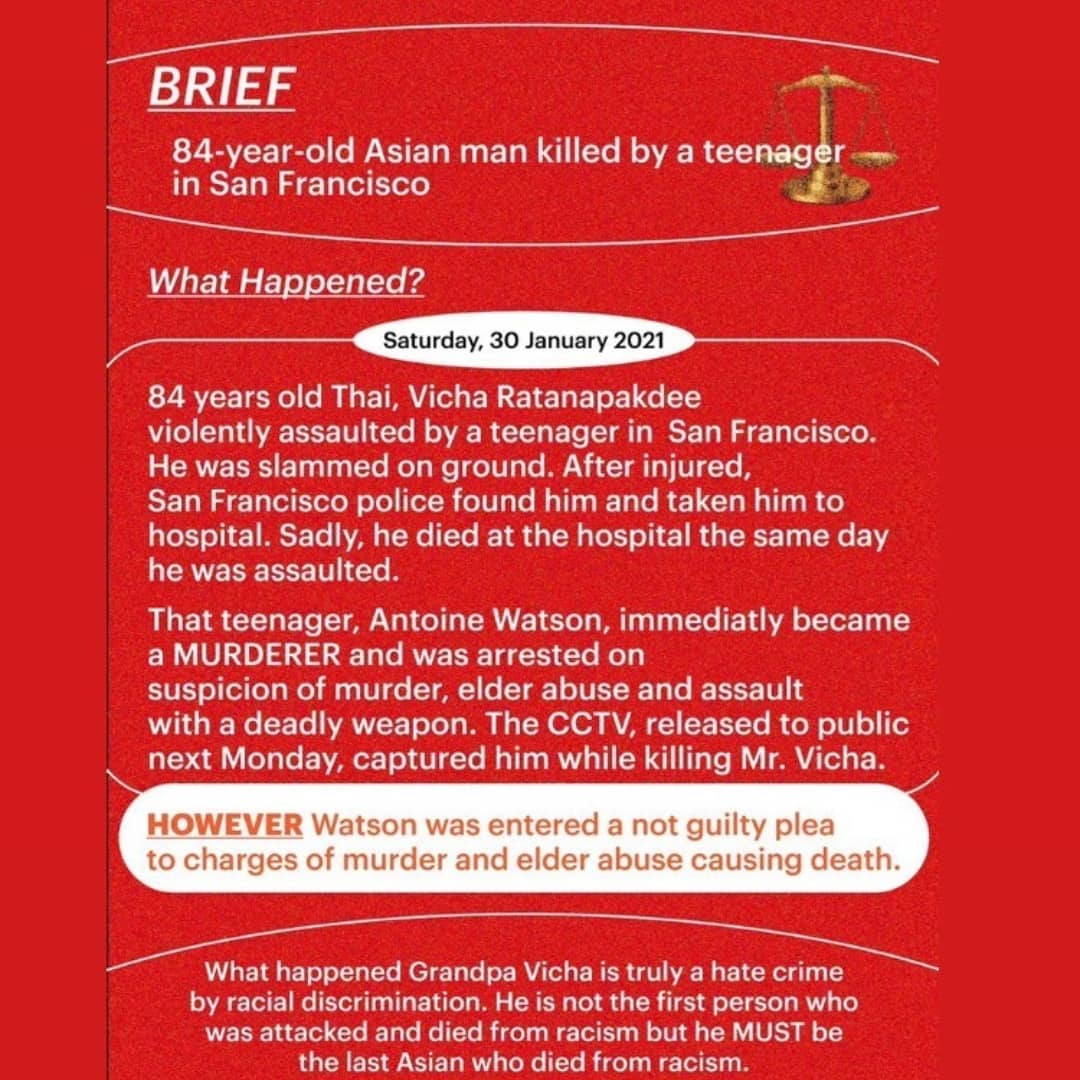 B4BandtrashTH's tweet photo. *Please Rt*
Someone's grandpa was murdered due to racism against Asians from stigma against them during the pandemic. Do not sit through it. Vicha was a 84 years old man getting attacked by a teen in San Fransico on 28th January.
#AsiansAreHuman #JusticeForVicha https://t.co/f2SENOtQ9f