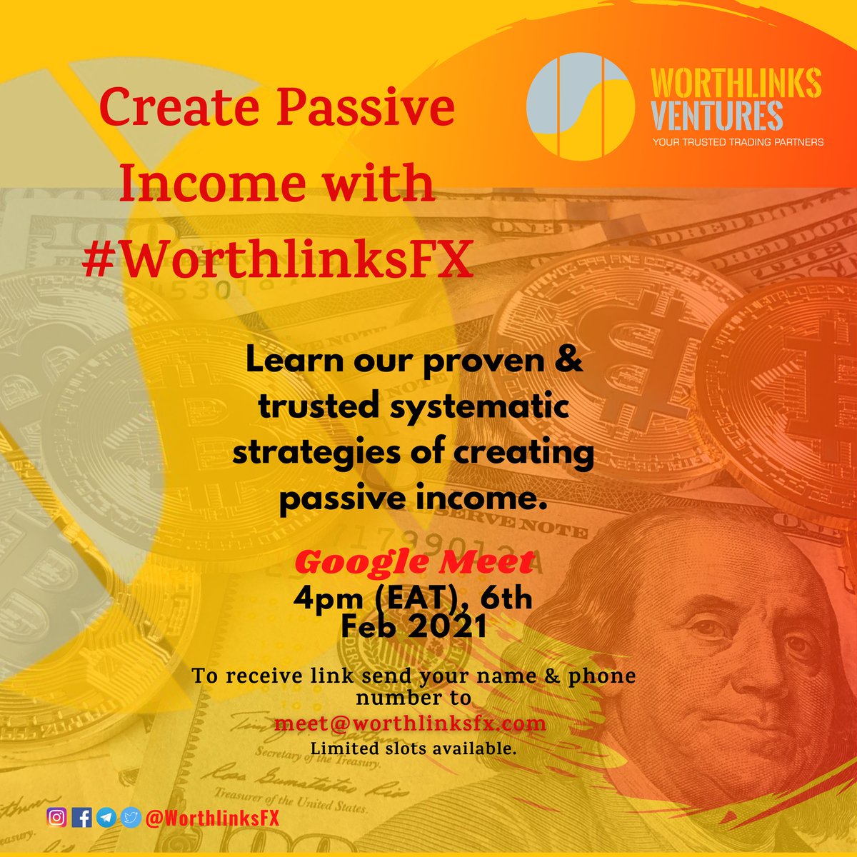 WorthlinksFX's tweet photo. Welcome to our very first weekend virtual #WorthlinksFX meeting. 
Learn all you can about us and how you can take advantage of our partnership to create both active and passive income.
Get the link when you send your name and phone number to meet@worthlinksfx.com.
See you there. https://t.co/cSZ22qomem