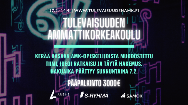 #TulevaisuudenAMK tehdään tänään! Hae mukaan AMK-opiskelijoiden omaan hackathoniin viimeistään sunnuntaina. Kilpailuun valitut tiimit ovat pääsevät ohjatusti kehittämään ideoitansa, oppimaan uutta, verkostoitumaan ja ovat mukana kilpailemassa 3000 euron pääpalkinnosta. <a href="/Arene_ry/">Arene</a>