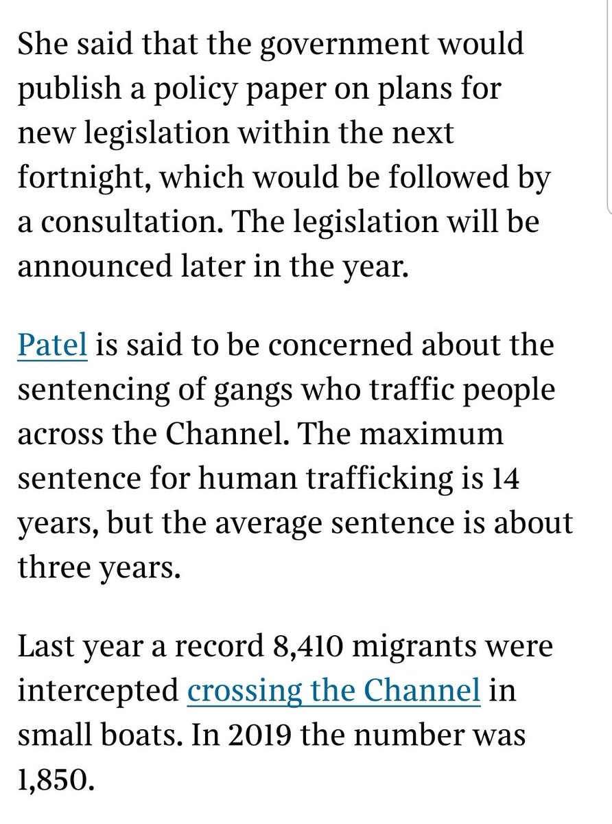 Clear risks of violating international law and the most basic principles of human rights aside, these plans will do nothing to combat trafficking other exacerbate the issue by creating a never ending cycle of people forced into the hands of traffickers.  https://www.thetimes.co.uk/article/priti-patel-vows-to-combat-plague-of-channel-people-traffickers-v5w5vvt3w