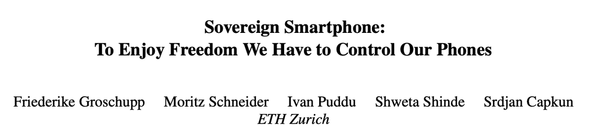 Srdjan Čapkun (@srdjancapkun) on Twitter photo Too much control over smartphones is in hands of few companies. Gatekeeping limits developers, users, governments. A different phone architecture can hand control back to the users while still protecting existing ecosystems. With <a href="/shw3ta_shinde/">Shweta Shinde</a> <a href="/dn0sar/">Ivan Puddu</a>.
arxiv.org/abs/2102.02743 Too much control over smartphones is in hands of few companies. Gatekeeping limits developers, users, governments. A different phone architecture can hand control back to the users while still protecting existing ecosystems. With <a href="/shw3ta_shinde/">Shweta Shinde</a> <a href="/dn0sar/">Ivan Puddu</a>.
arxiv.org/abs/2102.02743