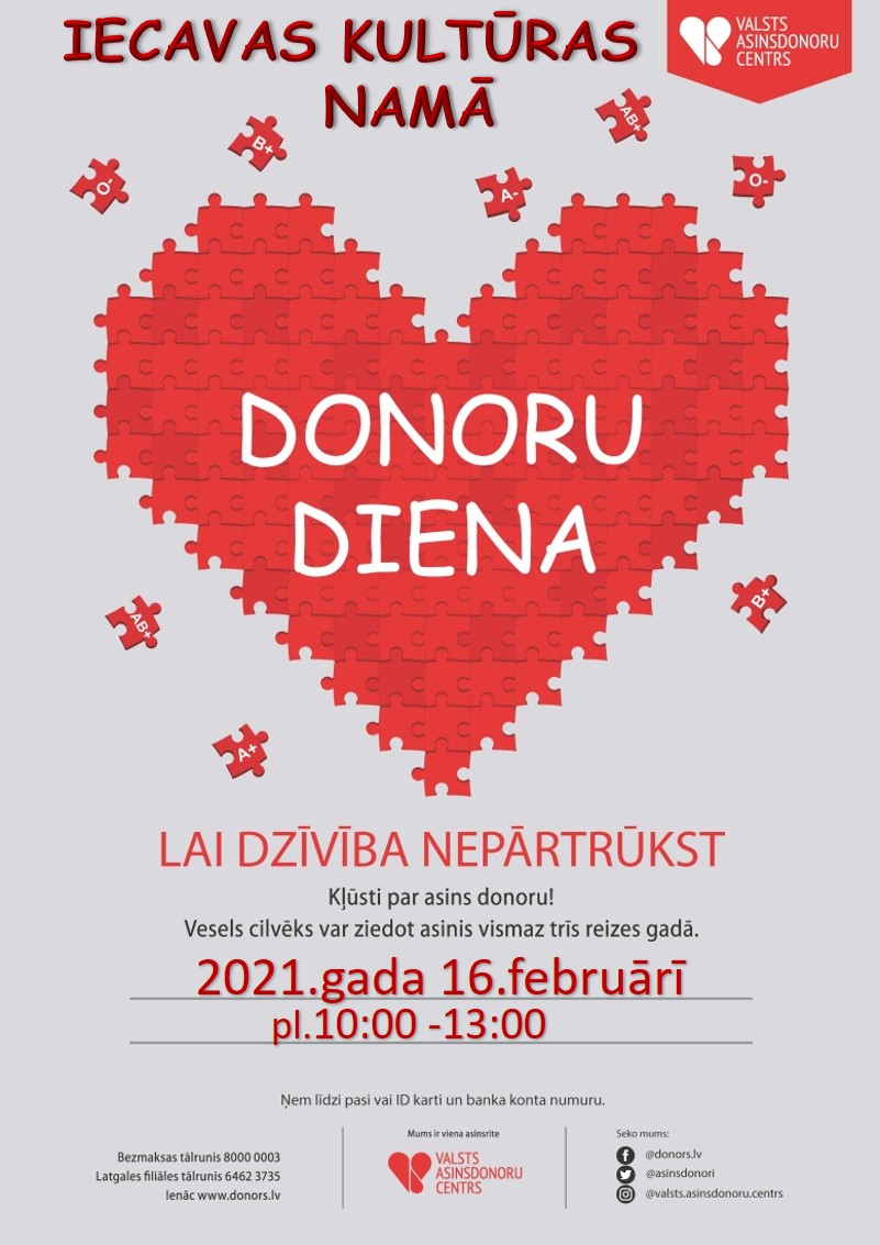 Kļūsti par asins donoru ❤️ Iecavas Kultūras namā 16. februārī pl. 10.00-13.00 ❤️