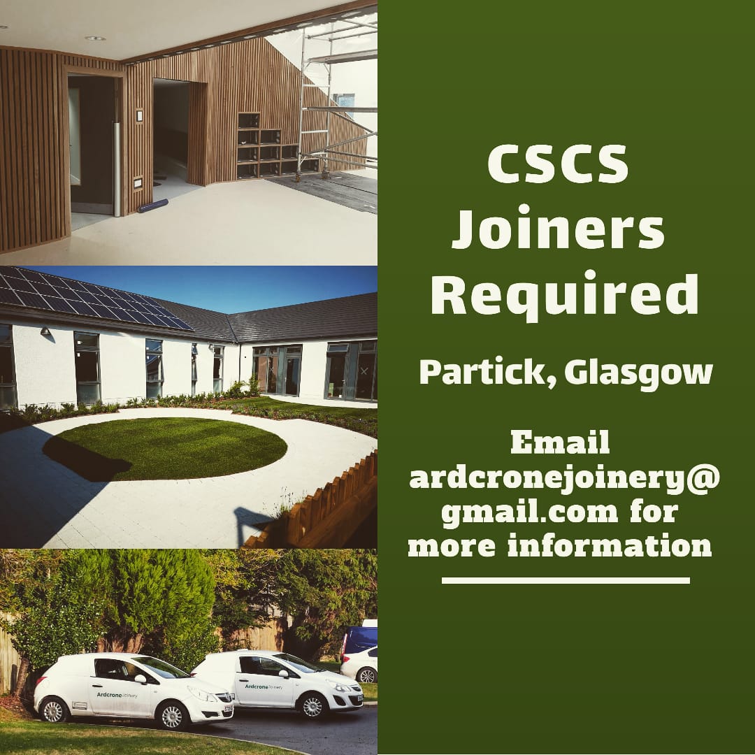 *** Joiners Required, Glasgow ***

Joiners required for new contract in Partick, Glasgow. Contract starts 15/2, get in touch for more information.

 Ardcronejoinery@gmail.com