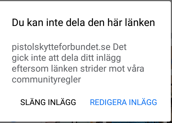 ErikLakomaa's tweet image. Blev precis uppmärksammad på att Facebook inte tillåter att man länkar till Svenska Pistolskytteförbundet. Visade sig stämma när jag testade.