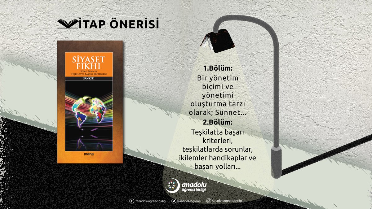 Kitap Önerisi 📚

#Şankıtî: Siyaset Fıkhı

✒️ "1.Bölüm:
Bir yönetim biçimi ve yönetimi oluşturma tarzı olarak; Sünnet...

2.Bölüm:
Teşkilatta başarı kriterleri, teşkilatlarda sorunlar, ikilemler handikaplar ve başarı yolları..."