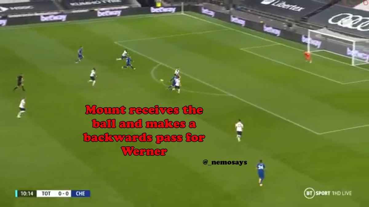 Mount instead flicks it backwards towards Timo Werner. Very few situations call for a backwards pass towards a man running into the box. You either take the shot after rolling the ball into the box or you flick it in front of your man if there is space.