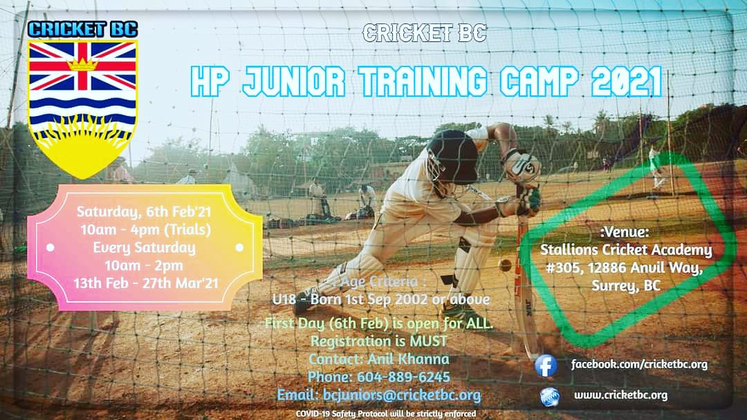 CricketBC_org's tweet photo. Cricket BC HP Junior Training Camp 2021
 Saturday, 6th Feb between 10am - 4pm (Trials)
Every Saturday, 10am - 2pm - 13th Feb -27th Mar'21.
This 8 week Camp is only for Selected High Performance Junior Training.
Age: U18
Venue : Stallions Cricket Academy. Contact: Anil Khanna https://t.co/Vte02QeuqF