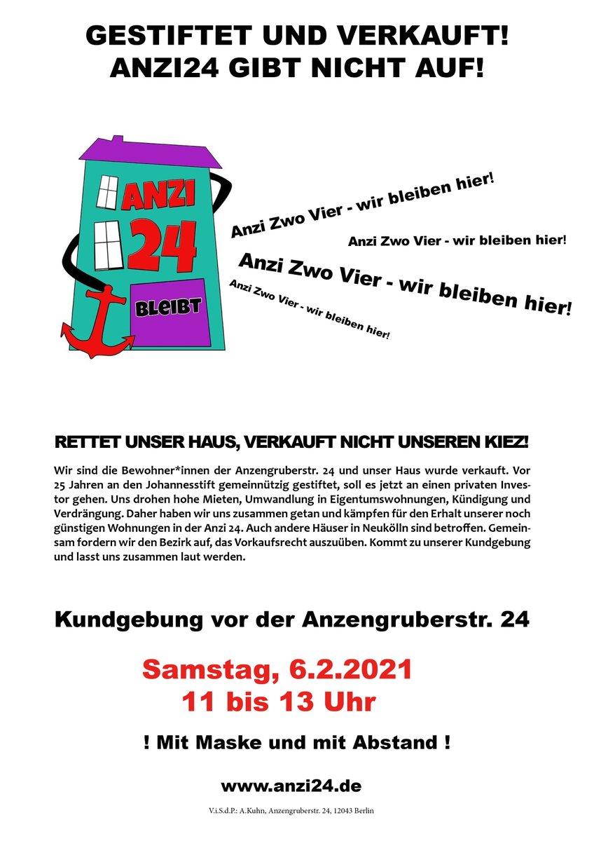 Anzi24 - Neues #Vorkaufsrecht! (@anzengruber24) on Twitter photo Morgen ist es soweit: Wir demonstrieren vor der #Anzi24 für die Ausübung des #Vorkaufsrecht|s für uns, die @donau5, die <a href="/h48bleibt/">H48bleibt</a> und die neun weiteren aktuell betroffenen Häuser in #Neukölln. Mit <a href="/dwenteignen/">Deutsche Wohnen & Co Enteignen</a>, <a href="/LeineOderBleibt/">LeineOderBleibt</a>, <a href="/derjochen/">Jochen Biedermann</a>, <a href="/am_ma65/">AmMa65</a>, <a href="/mg_berlin/">Mieter*innengewerkschaft Berlin</a> u.v.m. 6.2., 11h! Morgen ist es soweit: Wir demonstrieren vor der #Anzi24 für die Ausübung des #Vorkaufsrecht|s für uns, die @donau5, die <a href="/h48bleibt/">H48bleibt</a> und die neun weiteren aktuell betroffenen Häuser in #Neukölln. Mit <a href="/dwenteignen/">Deutsche Wohnen & Co Enteignen</a>, <a href="/LeineOderBleibt/">LeineOderBleibt</a>, <a href="/derjochen/">Jochen Biedermann</a>, <a href="/am_ma65/">AmMa65</a>, <a href="/mg_berlin/">Mieter*innengewerkschaft Berlin</a> u.v.m. 6.2., 11h!