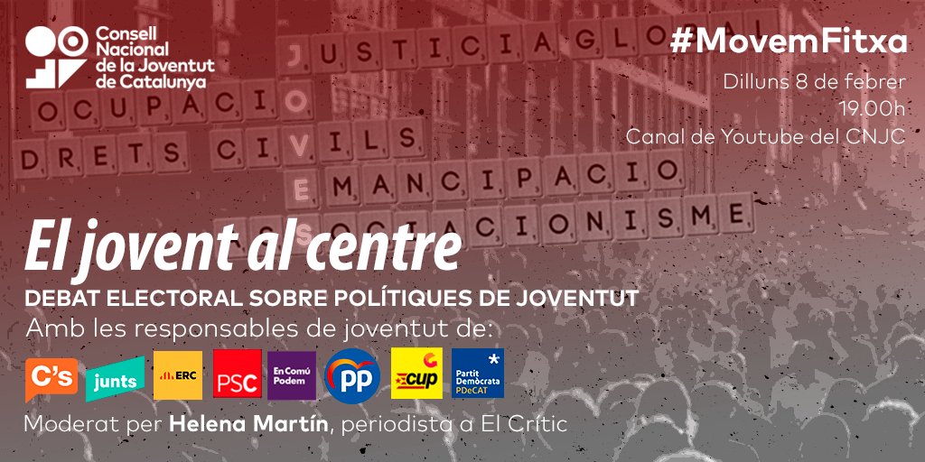 cnjcat_'s tweet photo. 💥DEBAT ELECTORAL💥
El @CNJCat organitzem un debat electoral per parlar de polítiques de joventut i posar les joves al centre!
📅 Dilluns 8 de febrer
🕐 19h
▶️En directe al nostre de canal de youtube
#DebatJove14F
#MovemFitxa
https://t.co/5SxpTvKBxW https://t.co/OiVHZuGrFI