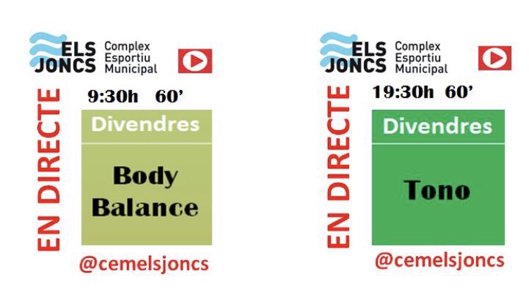 CemelsJoncs's tweet photo. Preparem-nos pel cap de setmana amb dues activitats molt interessants. A les 9:30 h podràs seguir en directe al nostre Instagram una sessió de Body Balance i a les 19:30 h una de Tono. No t'ho perdis! https://t.co/VpKhx0Lfe0