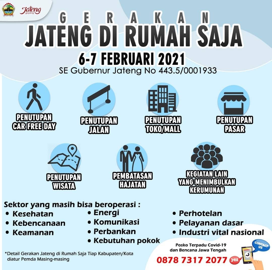 Gerakan #jatengdirumahaja  merupakan upaya untuk mengurangi angka penularan Covid-19 di Jawa Tengah.
Hanya Dua Hari Saja, tanggal 6-7 Februari 2021, tetap di rumah ya. 
Lakukan segala aktivitas dari rumah, akhir pekan tetap menyenangkan bersama keluarga tersayang 😊 #jatenggayeng