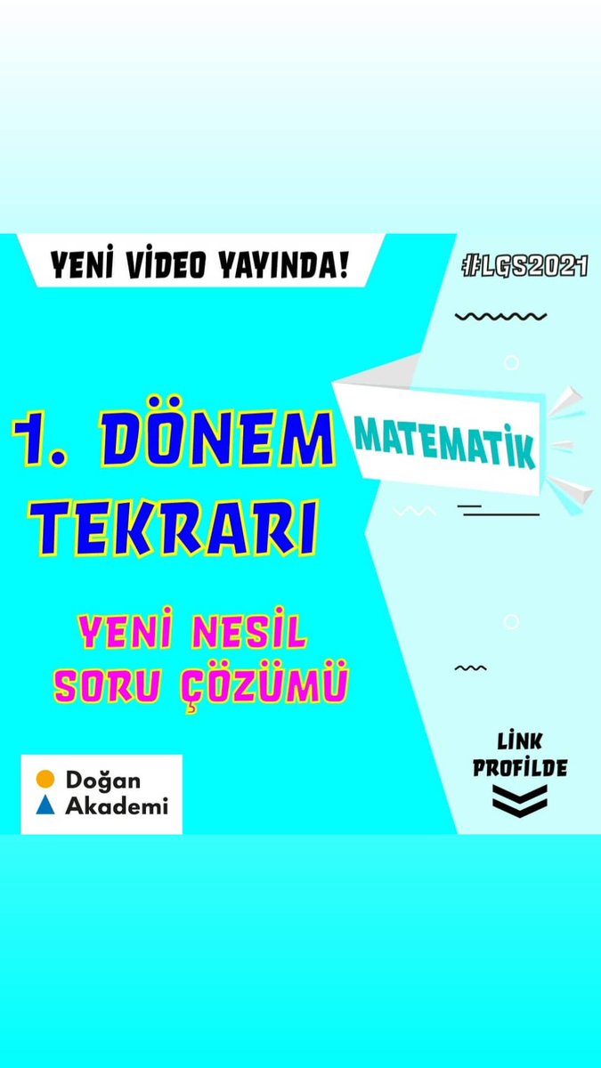 LGS 2021'e hazırlanmaya soluksuz devam ediyoruz. Evet, bugünkü dersimiz Matematik! 📢 '🥳 ''1. Dönem Tekrarı'' yeni nesil soru çözümü ...  Videomuz yayında. 👍🏻 Yeni videolardan haberdar olmak için bildirimlerini açık tutmayı unutma! 🤓 Link 👉 bit.ly/36HekGS #lgs